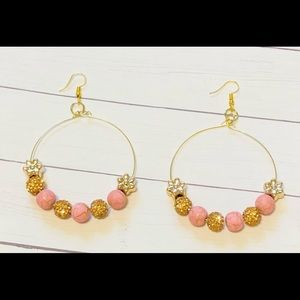 Handmade pink and gold beaded hoop earrings